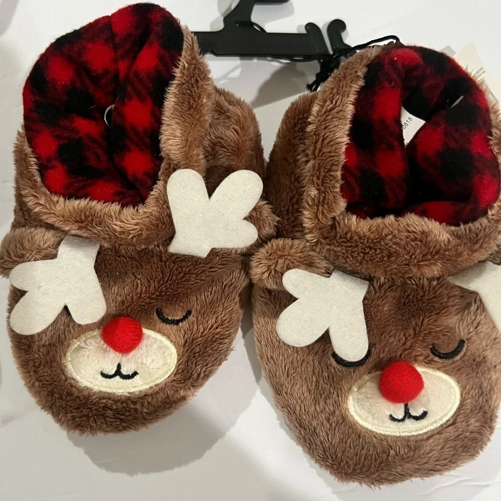 Brown Reindeer Slippers with Red Nose